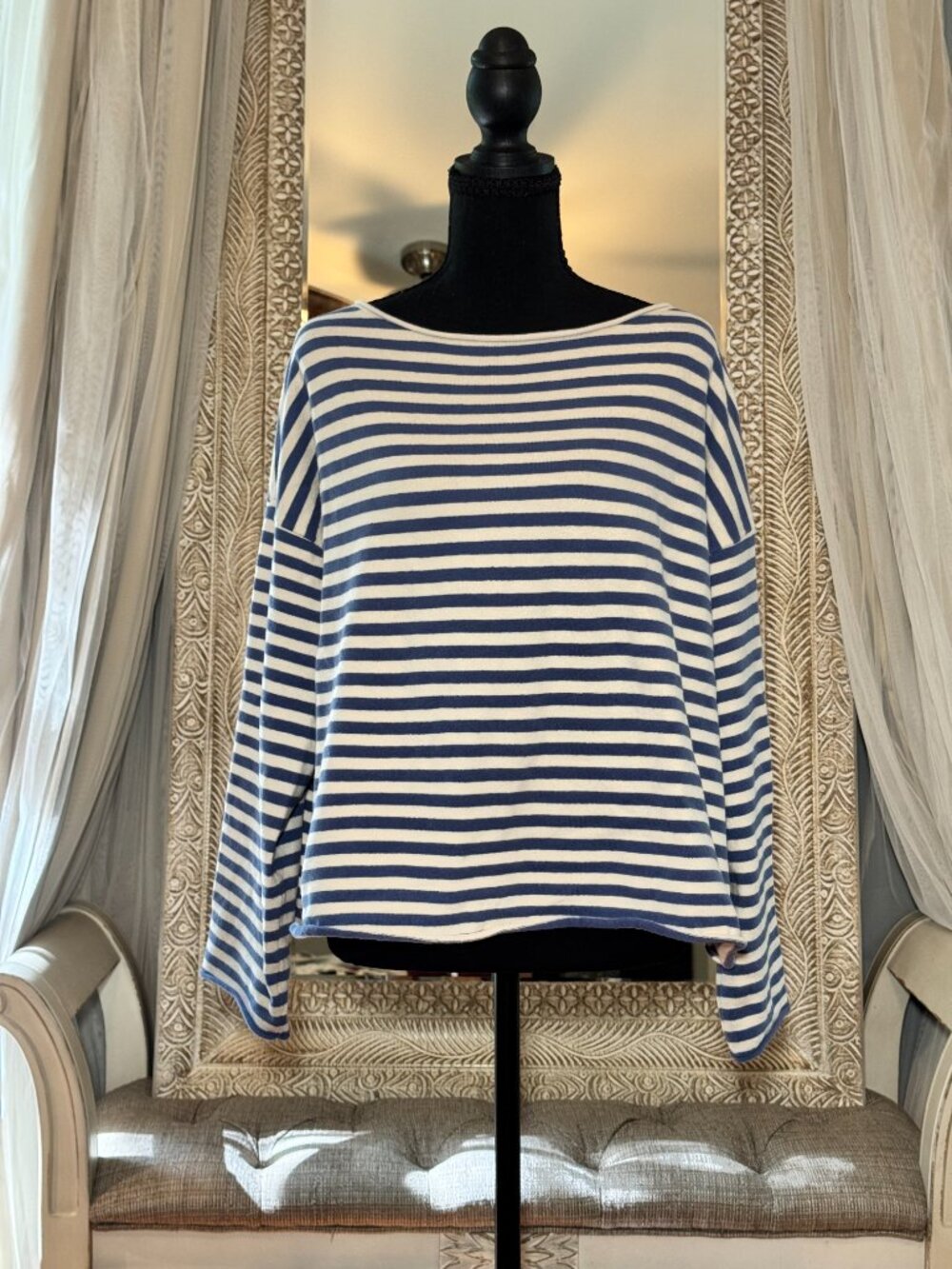 Aerie Blue Cream Striped Oversized Boat Neck Sweater Top M - Picture 2 of 13